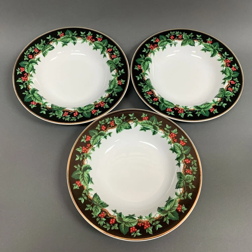 Holiday Bouquet Waverly Soup‎ Cereal Bowls Holly Berries 9 Gold Trim Lot of 3